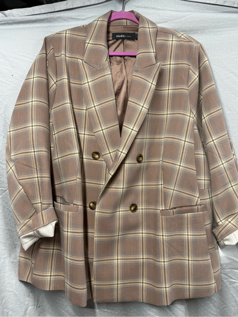 Torrid Studio Double-Breasted Plaid Blazer in Taupe and Cream size 3